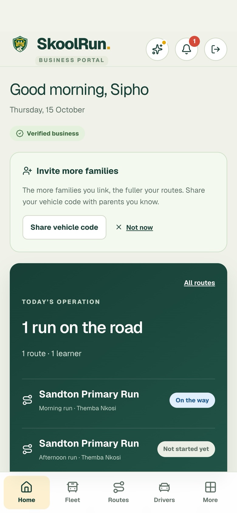 The SkoolRun transport businesses screen