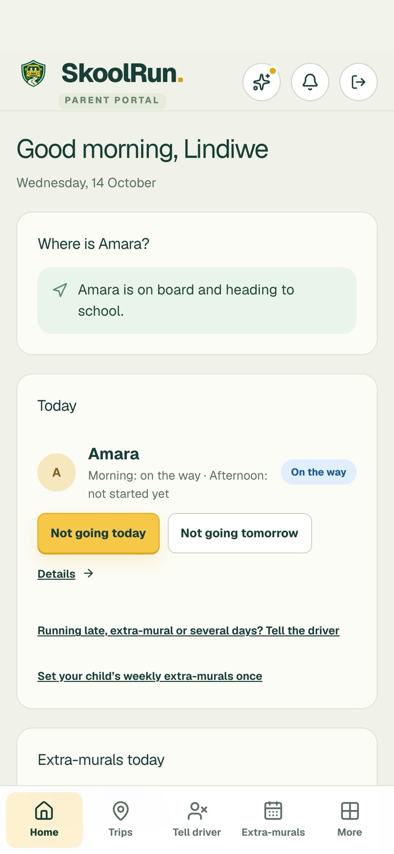 The SkoolRun parents screen