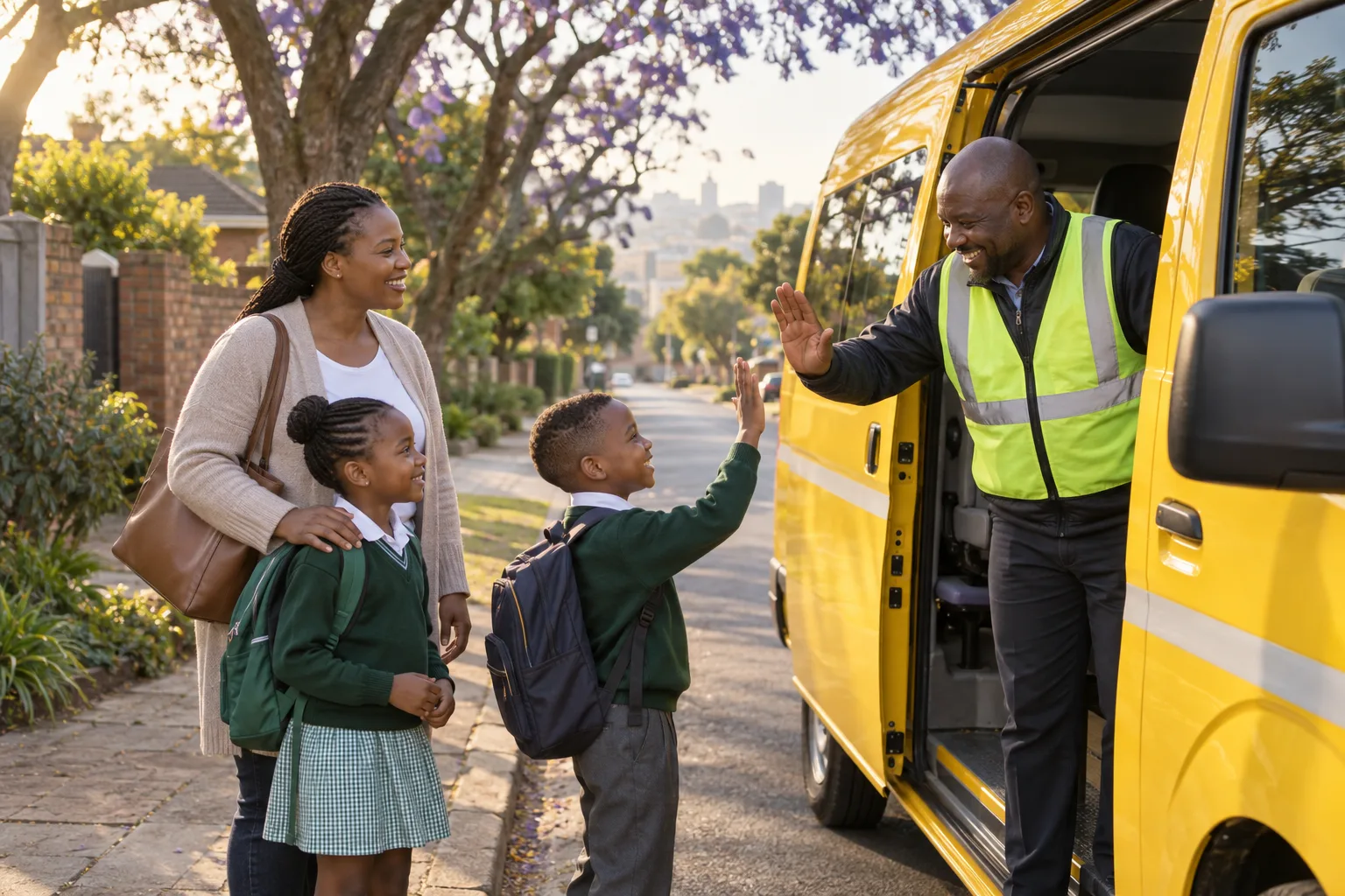 A South African parent and children meeting their scholar transport driver